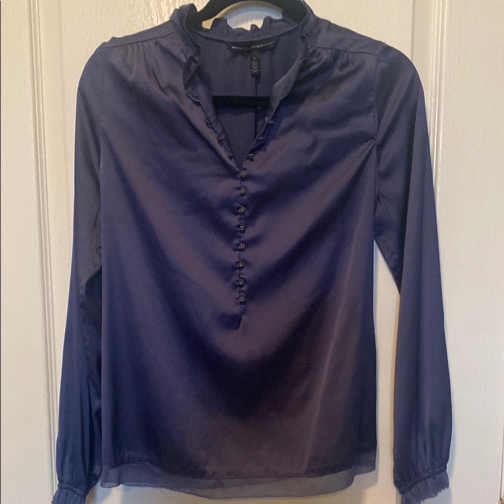 Blue Long Sleeve Ruffled Blouse with V-Neck and Mandarin Collar
